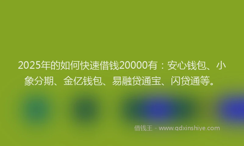 2025年的如何快速借钱20000有：安心钱包、小象分期、金亿钱包、易融贷通宝、闪贷通等。