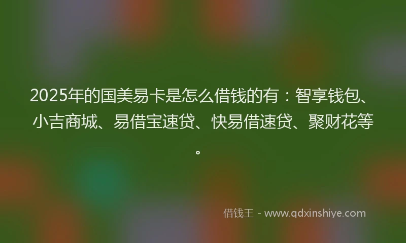2025年的国美易卡是怎么借钱的有：智享钱包、小吉商城、易借宝速贷、快易借速贷、聚财花等。