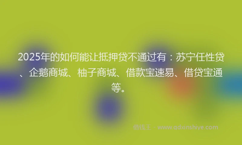 2025年的如何能让抵押贷不通过有：苏宁任性贷、企鹅商城、柚子商城、借款宝速易、借贷宝通等。