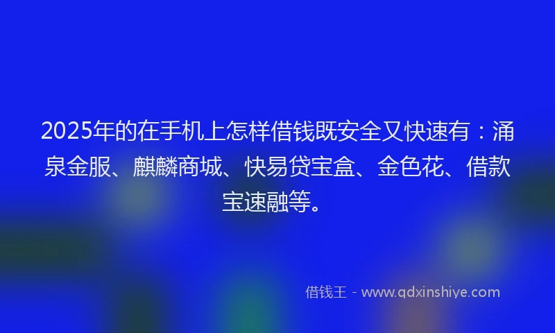 2025年的在手机上怎样借钱既安全又快速有：涌泉金服、麒麟商城、快易贷宝盒、金色花、借款宝速融等。