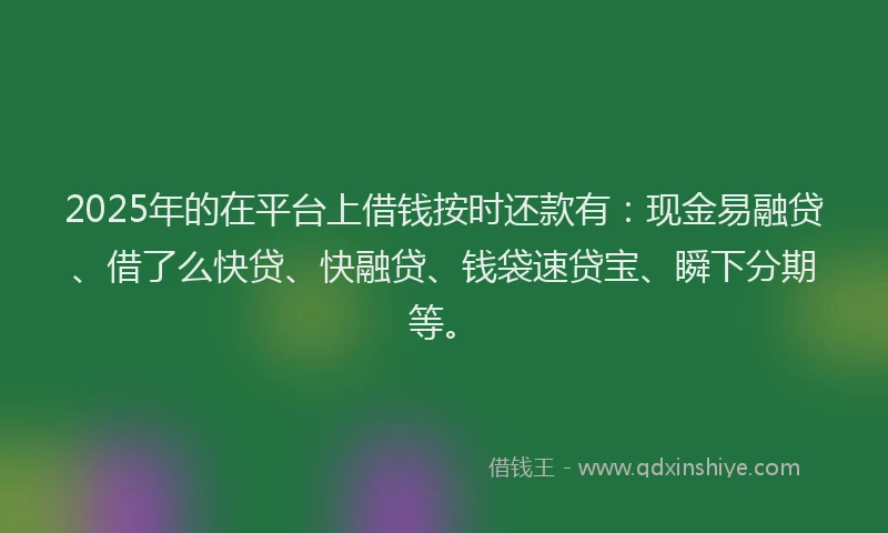 2025年的在平台上借钱按时还款有：现金易融贷、借了么快贷、快融贷、钱袋速贷宝、瞬下分期等。
