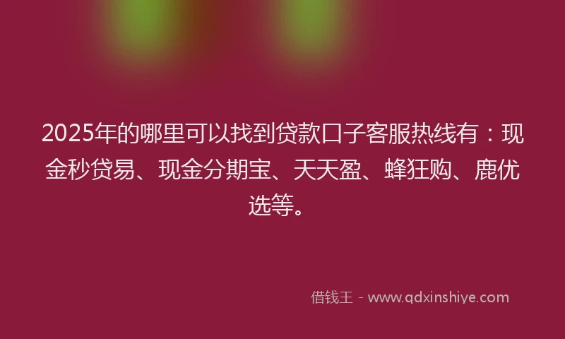 2025年的哪里可以找到贷款口子客服热线有：现金秒贷易、现金分期宝、天天盈、蜂狂购、鹿优选等。