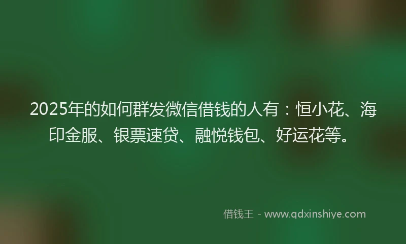 2025年的如何群发微信借钱的人有：恒小花、海印金服、银票速贷、融悦钱包、好运花等。