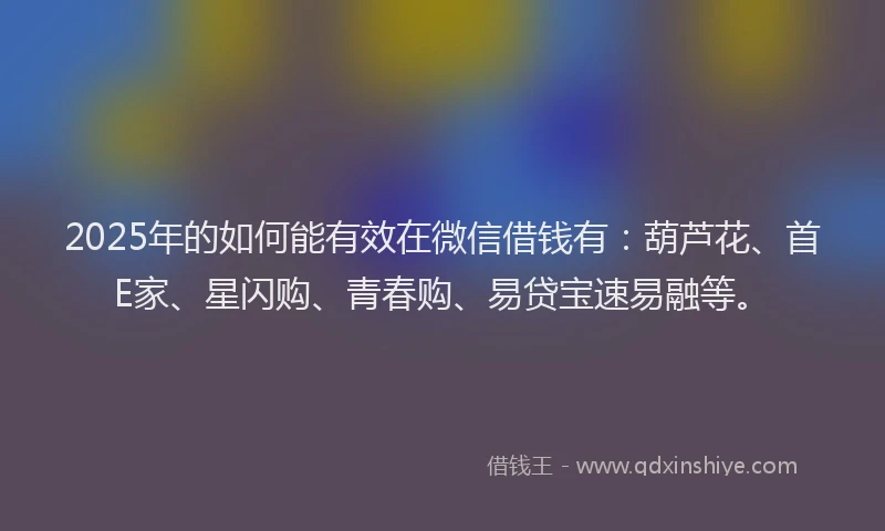 2025年的如何能有效在微信借钱有：葫芦花、首E家、星闪购、青春购、易贷宝速易融等。