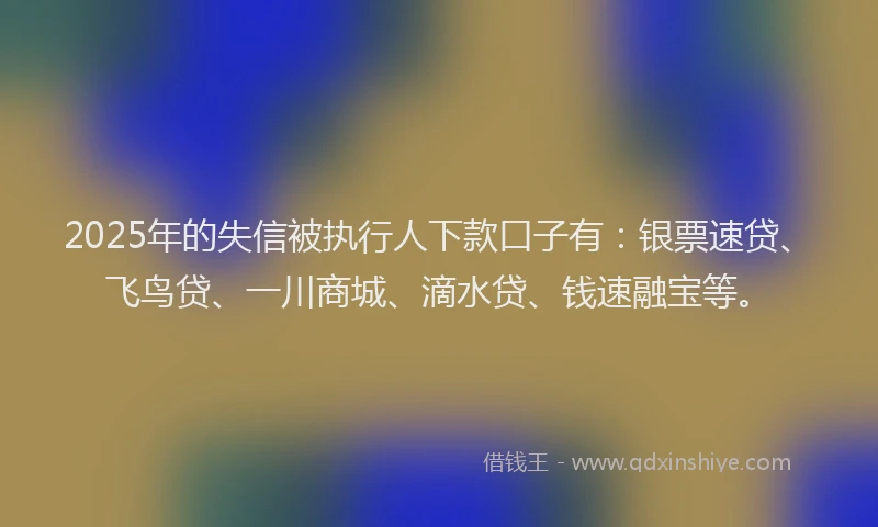 2025年的失信被执行人下款口子有：银票速贷、飞鸟贷、一川商城、滴水贷、钱速融宝等。