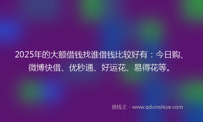 2025年的大额借钱找谁借钱比较好有：今日购、微博快借、优秒通、好运花、易得花等。