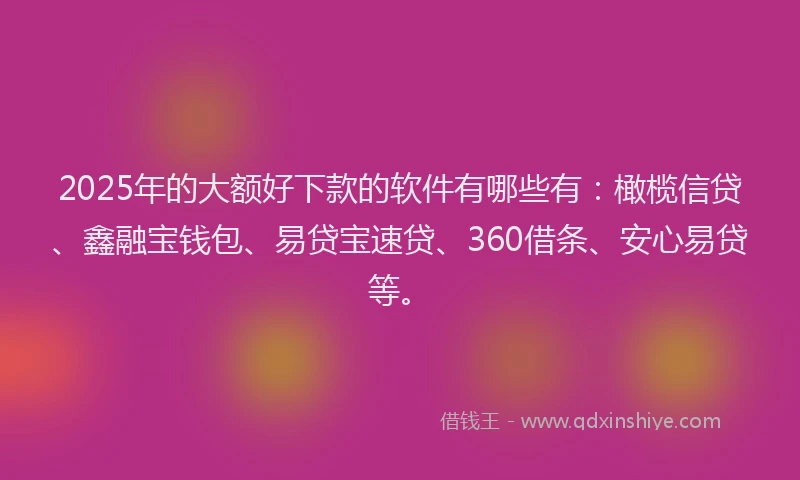 2025年的大额好下款的软件有哪些有：橄榄信贷、鑫融宝钱包、易贷宝速贷、360借条、安心易贷等。