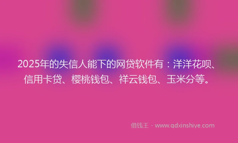 2025年的失信人能下的网贷软件有：洋洋花呗、信用卡贷、樱桃钱包、祥云钱包、玉米分等。