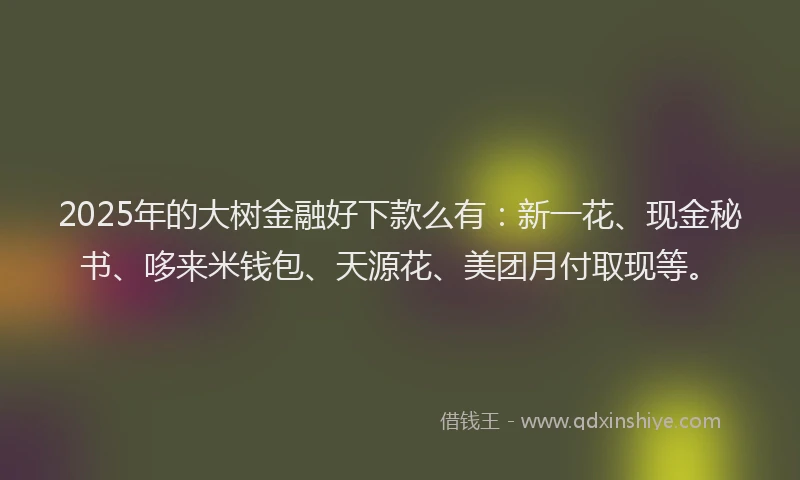 2025年的大树金融好下款么有：新一花、现金秘书、哆来米钱包、天源花、美团月付取现等。