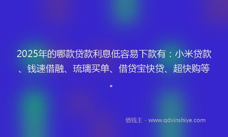 2025年的哪款贷款利息低容易下款有：小米贷款、钱速借融、琉璃买单、借贷宝快贷、超快购等。