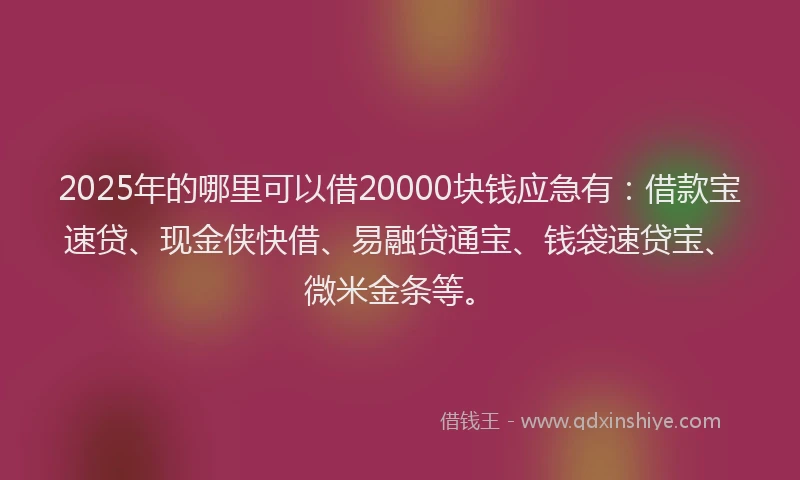 2025年的哪里可以借20000块钱应急有：借款宝速贷、现金侠快借、易融贷通宝、钱袋速贷宝、微米金条等。