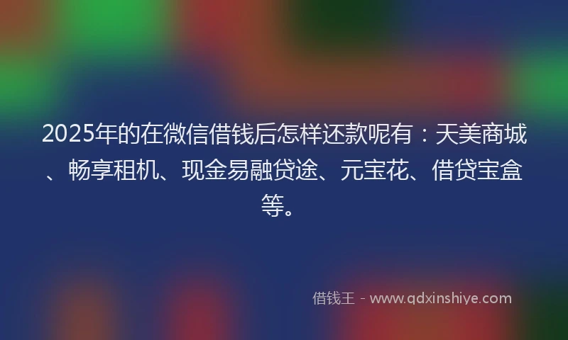 2025年的在微信借钱后怎样还款呢有：天美商城、畅享租机、现金易融贷途、元宝花、借贷宝盒等。