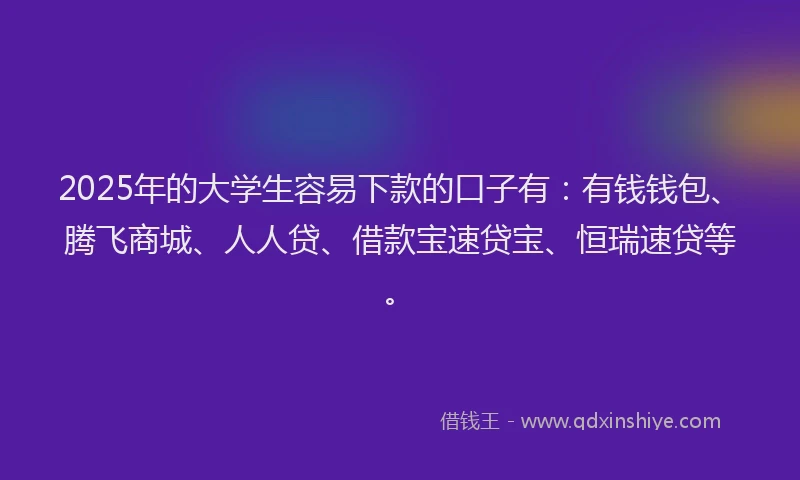 2025年的大学生容易下款的口子有：有钱钱包、腾飞商城、人人贷、借款宝速贷宝、恒瑞速贷等。