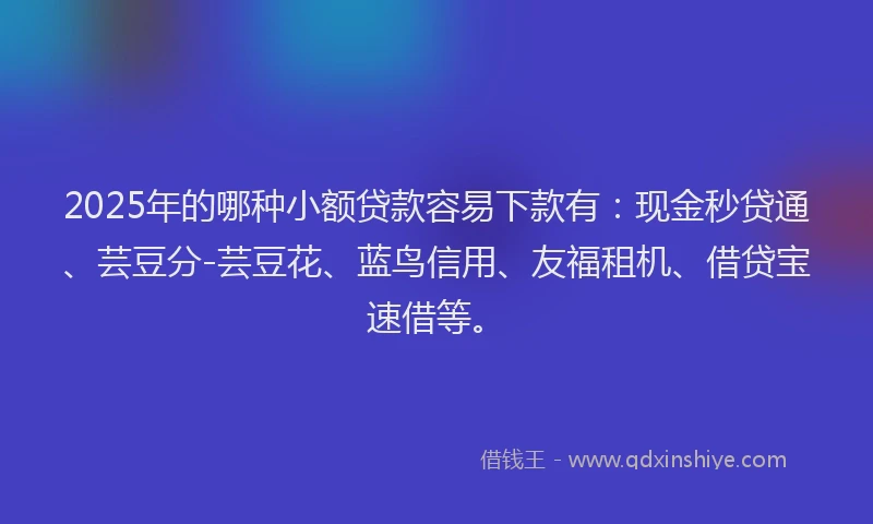 2025年的哪种小额贷款容易下款有：现金秒贷通、芸豆分-芸豆花、蓝鸟信用、友福租机、借贷宝速借等。