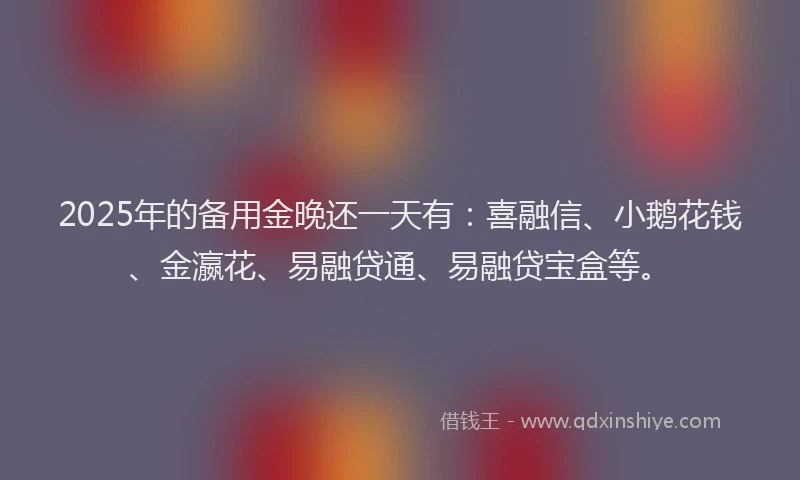 2025年的备用金晚还一天有：喜融信、小鹅花钱、金瀛花、易融贷通、易融贷宝盒等。
