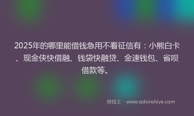 2025年的哪里能借钱急用不看征信有：小熊白卡、现金侠快借融、钱袋快融贷、金速钱包、省呗借款等。