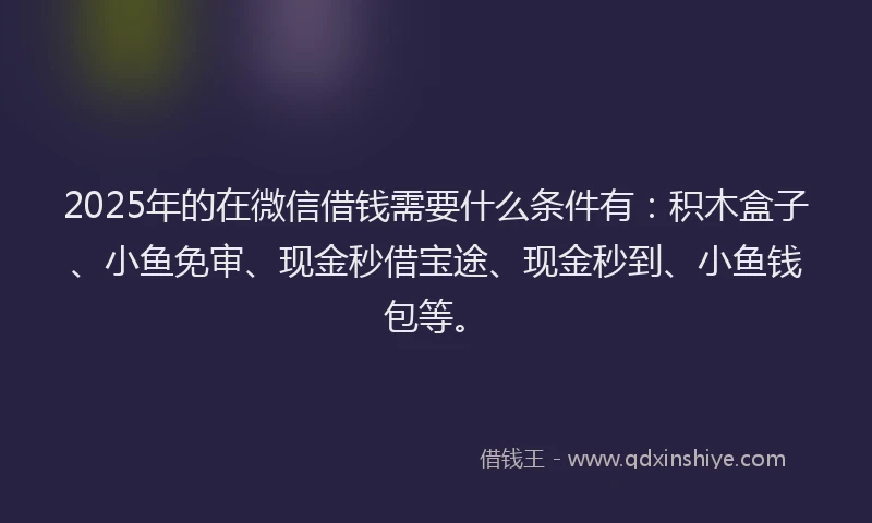 2025年的在微信借钱需要什么条件有：积木盒子、小鱼免审、现金秒借宝途、现金秒到、小鱼钱包等。