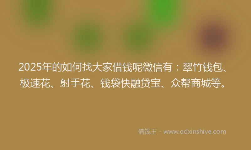 2025年的如何找大家借钱呢微信有：翠竹钱包、极速花、射手花、钱袋快融贷宝、众帮商城等。