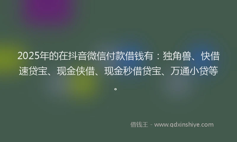 2025年的在抖音微信付款借钱有：独角兽、快借速贷宝、现金侠借、现金秒借贷宝、万通小贷等。