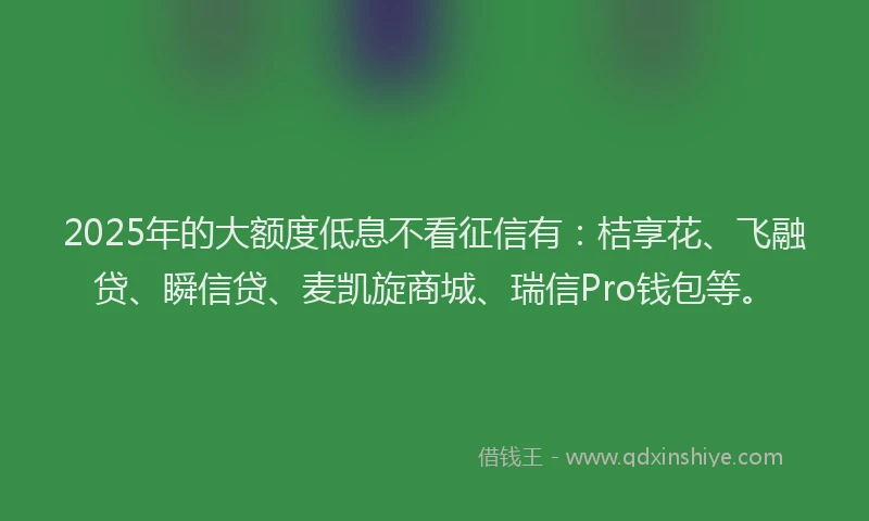 2025年的大额度低息不看征信有：桔享花、飞融贷、瞬信贷、麦凯旋商城、瑞信Pro钱包等。