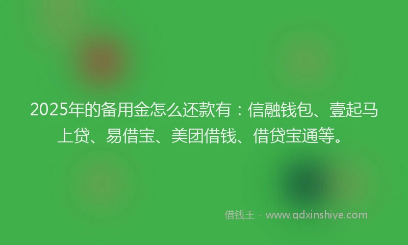 2025年的备用金怎么还款有：信融钱包、壹起马上贷、易借宝、美团借钱、借贷宝通等。