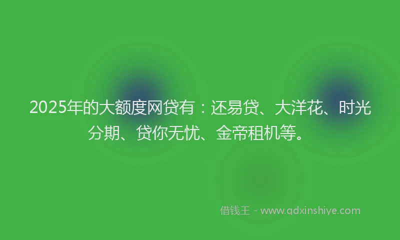 2025年的大额度网贷有：还易贷、大洋花、时光分期、贷你无忧、金帝租机等。