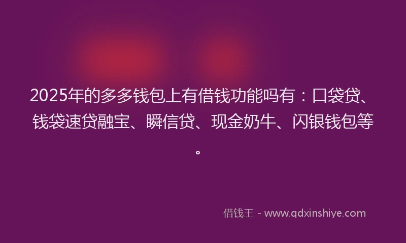 2025年的多多钱包上有借钱功能吗有：口袋贷、钱袋速贷融宝、瞬信贷、现金奶牛、闪银钱包等。