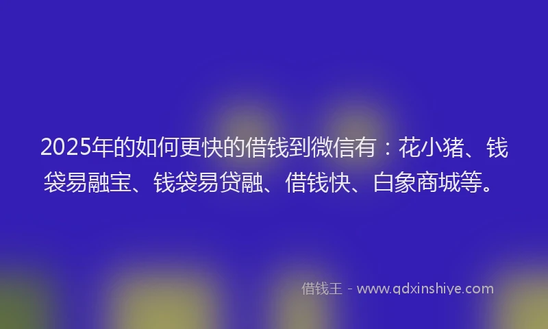 2025年的如何更快的借钱到微信有：花小猪、钱袋易融宝、钱袋易贷融、借钱快、白象商城等。