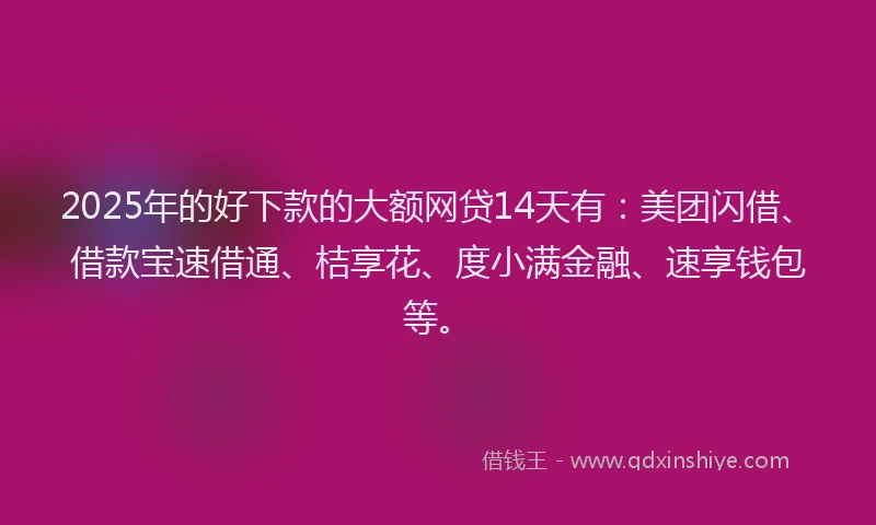 2025年的好下款的大额网贷14天有：美团闪借、借款宝速借通、桔享花、度小满金融、速享钱包等。