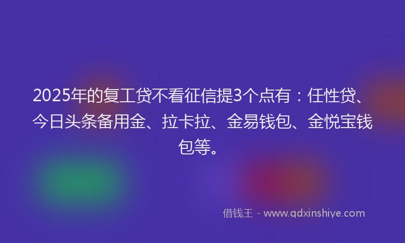 2025年的复工贷不看征信提3个点有：任性贷、今日头条备用金、拉卡拉、金易钱包、金悦宝钱包等。