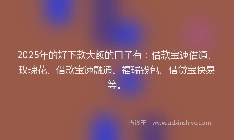 2025年的好下款大额的口子有：借款宝速借通、玫瑰花、借款宝速融通、福瑞钱包、借贷宝快易等。
