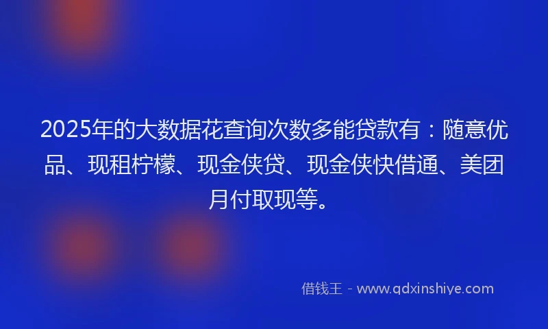 2025年的大数据花查询次数多能贷款有：随意优品、现租柠檬、现金侠贷、现金侠快借通、美团月付取现等。