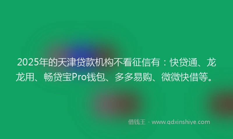2025年的天津贷款机构不看征信有：快贷通、龙龙用、畅贷宝Pro钱包、多多易购、微微快借等。