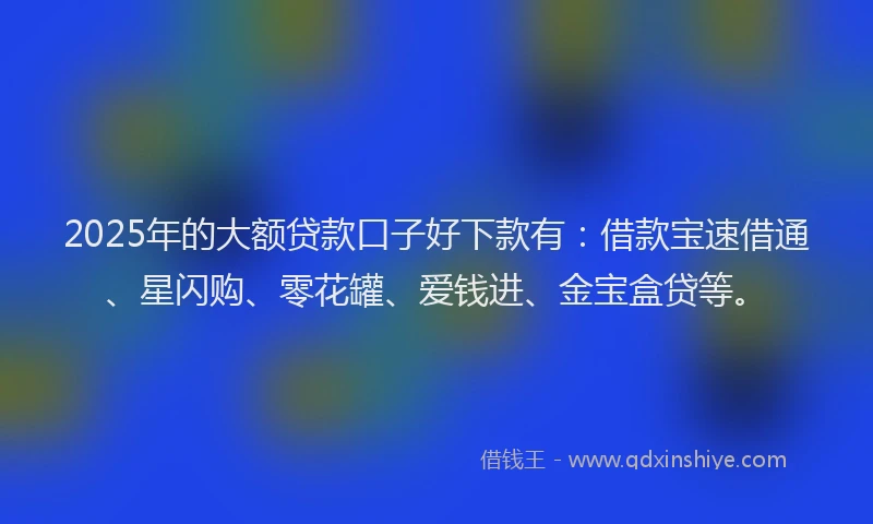 2025年的大额贷款口子好下款有：借款宝速借通、星闪购、零花罐、爱钱进、金宝盒贷等。