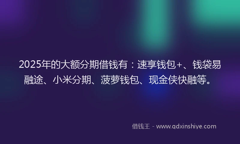 2025年的大额分期借钱有：速享钱包+、钱袋易融途、小米分期、菠萝钱包、现金侠快融等。