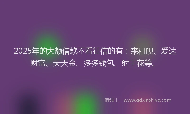 2025年的大额借款不看征信的有：来租呗、爱达财富、天天金、多多钱包、射手花等。