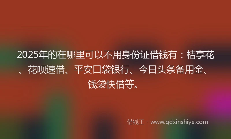 2025年的在哪里可以不用身份证借钱有：桔享花、花呗速借、平安口袋银行、今日头条备用金、钱袋快借等。