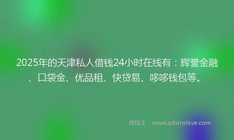 2025年的天津私人借钱24小时在线有：辉誉金融、口袋金、优品租、快贷易、哆哆钱包等。