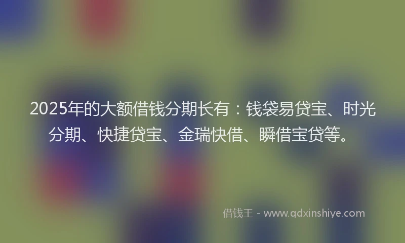 2025年的大额借钱分期长有：钱袋易贷宝、时光分期、快捷贷宝、金瑞快借、瞬借宝贷等。