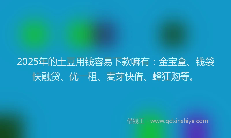 2025年的土豆用钱容易下款嘛有：金宝盒、钱袋快融贷、优一租、麦芽快借、蜂狂购等。