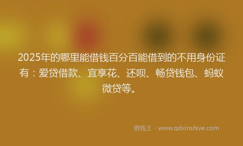 2025年的哪里能借钱百分百能借到的不用身份证有：爱贷借款、宜享花、还呗、畅贷钱包、蚂蚁微贷等。