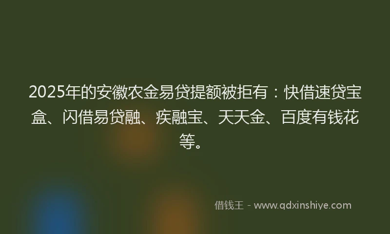 2025年的安徽农金易贷提额被拒有：快借速贷宝盒、闪借易贷融、疾融宝、天天金、百度有钱花等。