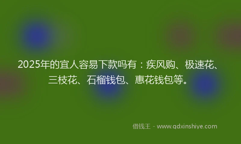 2025年的宜人容易下款吗有：疾风购、极速花、三枝花、石榴钱包、惠花钱包等。