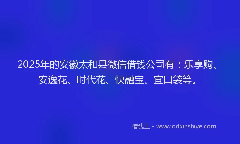 2025年的安徽太和县微信借钱公司有：乐享购、安逸花、时代花、快融宝、宜口袋等。