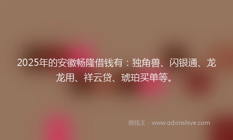 2025年的安徽畅隆借钱有：独角兽、闪银通、龙龙用、祥云贷、琥珀买单等。