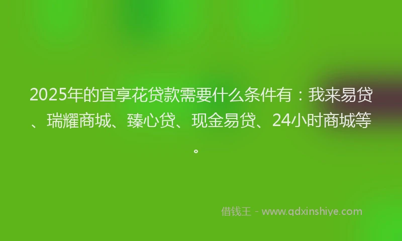 2025年的宜享花贷款需要什么条件有：我来易贷、瑞耀商城、臻心贷、现金易贷、24小时商城等。