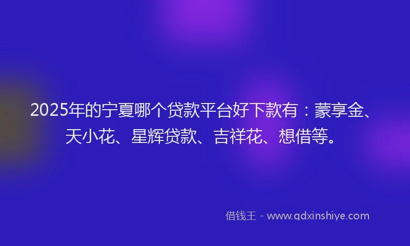 2025年的宁夏哪个贷款平台好下款有：蒙享金、天小花、星辉贷款、吉祥花、想借等。