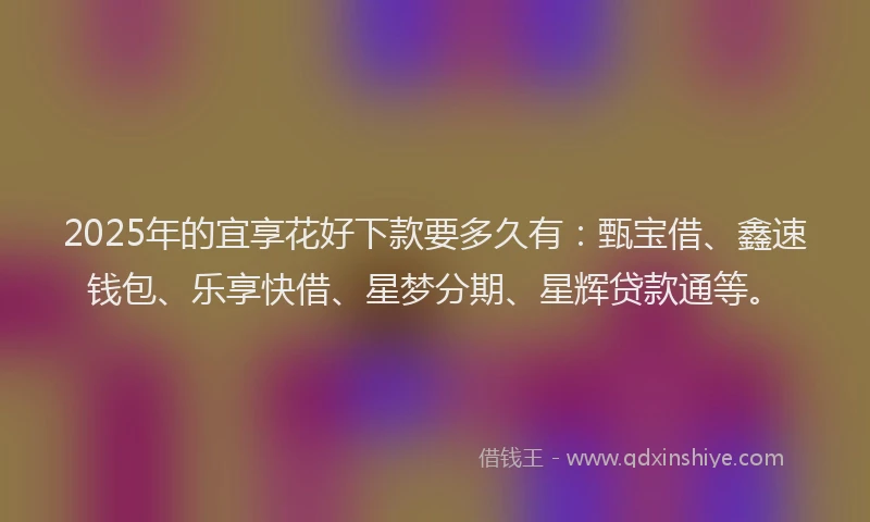 2025年的宜享花好下款要多久有：甄宝借、鑫速钱包、乐享快借、星梦分期、星辉贷款通等。