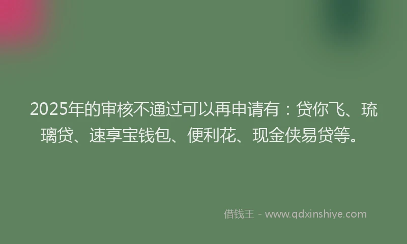 2025年的审核不通过可以再申请有：贷你飞、琉璃贷、速享宝钱包、便利花、现金侠易贷等。