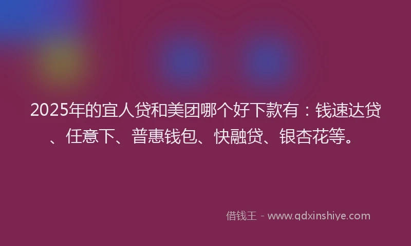 2025年的宜人贷和美团哪个好下款有：钱速达贷、任意下、普惠钱包、快融贷、银杏花等。